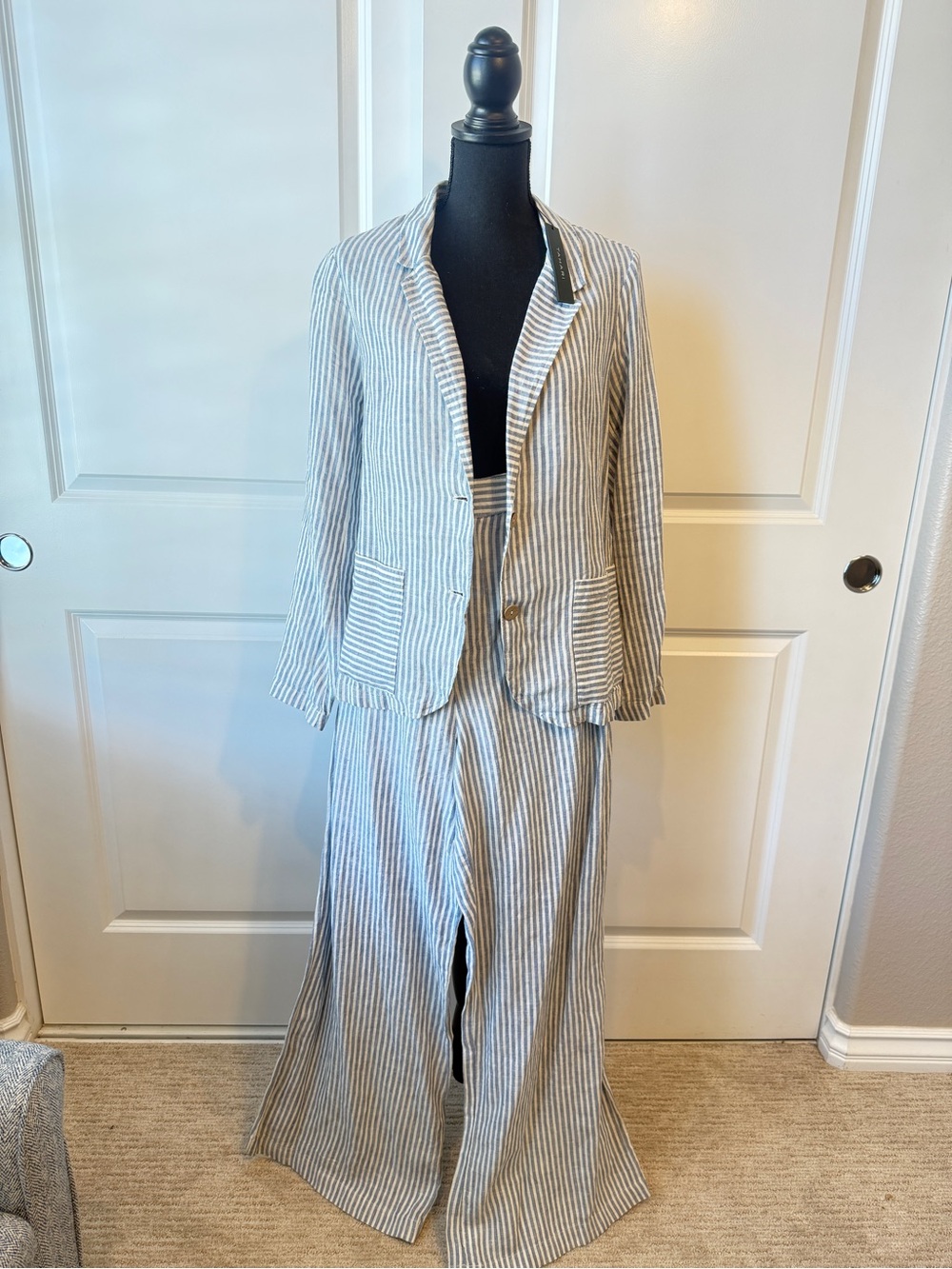 Tahari Blue and White Striped Linen Blazer and Linen pants sold as set